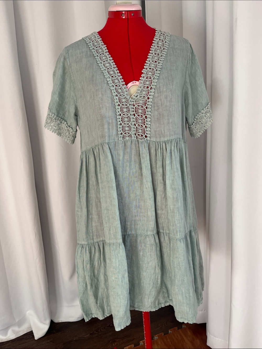 Sage Green Lace-Trim Tiered Midi Dress